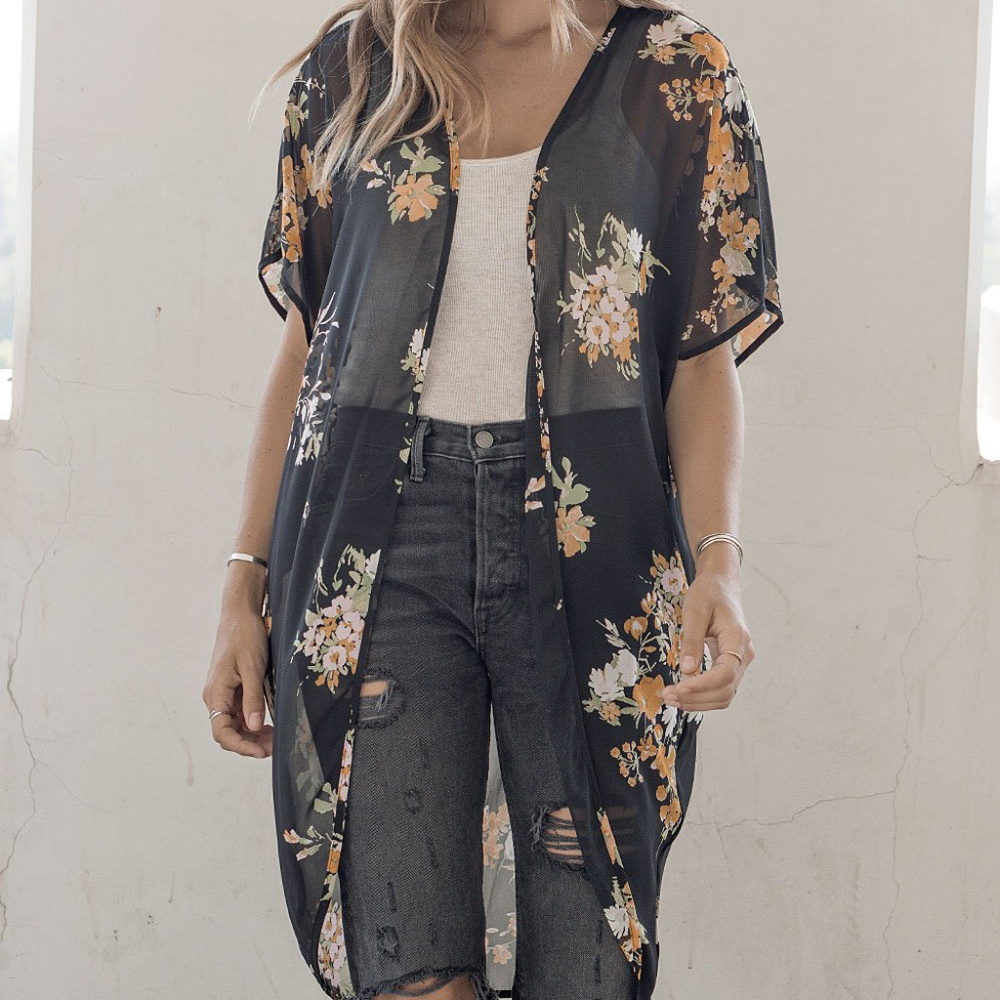 Black & Yellow Floral Chiffon Cocoon Cardigan